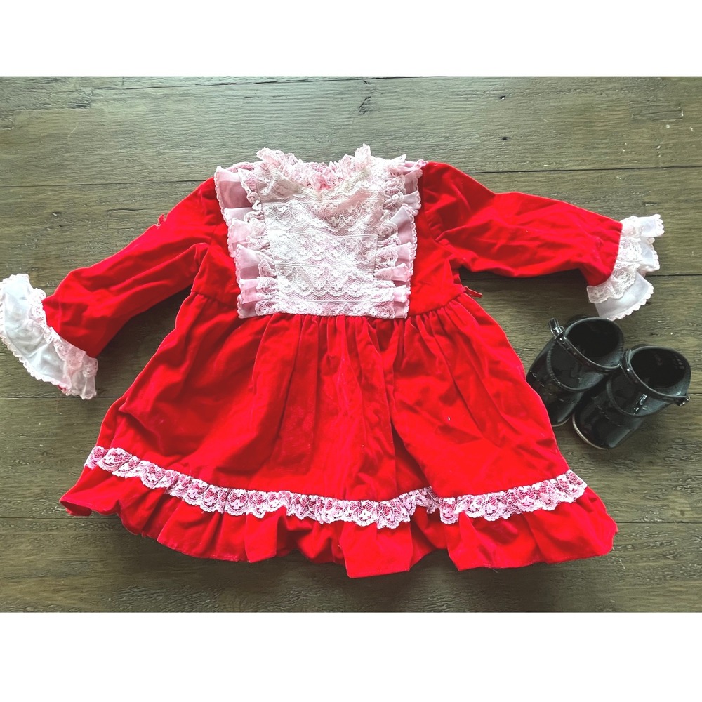 Vtg 70s Sears Red Velvet Holiday Dress Lace Bib ILGWU 21-26 lb & Shoes